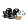 Photo of the 6 Pyramid Arcade Custom Dice showing the 4 black and 2 white dice