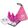 Contents image for Pink Hijinks showing the bag, board, 9 pink pyramids, and the pyramid die