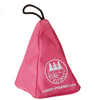 Packaging photo of Pink Hijinks showing a little pink pyramid shaped cloth bag with a white logo printed on it