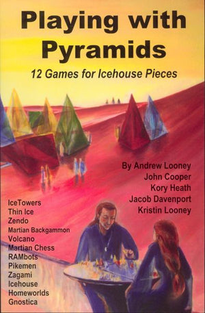Front cover of the book Playing With Pyramids showing two people playing with pyramids in front of a Martian landscape