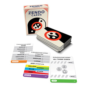 Contents image for Pyramid Zendo Cards showing the box, stack of cards, and 3 example rule cards