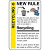 Promo card image for Recycling with a yellow stripe, NEW RULE header, and an image of a card going into a trash can