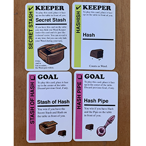 Contents image for Secret Stash Pack showing the 4 cards: Secret Stash, Hash, Stash of Hash, and Hash Pipe