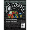 Flat back of box image for Seven Dragons showing a layout of 6 cards plus the tagline: Dragons spread across the land!