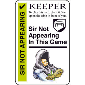 Promo card image for Sir Not Appearing with a green stripe, KEEPER header, and an illustration of a knight with a baby head