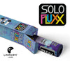 Close up of open Solo Fluxx Playmat box with rolled playmat sticking out and Solo Fluxx Logo in background.