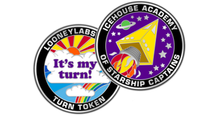 Image of the Starship Captain Coin showing both the back It's My Turn side and a pyramid starship on the front side