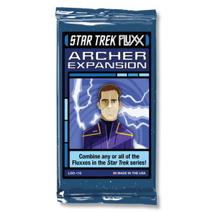 Image of the foil packaging for Star Trek Fluxx: Archer Expansion featuring an illustration of Archer