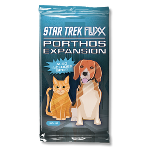 Image of the foil packaging for Star Trek Fluxx: Porthos Expansion featuring an illustrations of the cat Spot and the dog Porthos