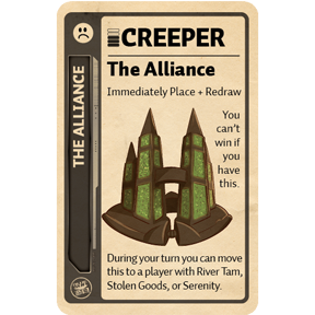 Promo card image for The Alliance with a black stripe, CREEPER header, and an illustration of The Alliance