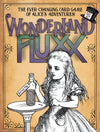 Flat front of box image for Wonderland Fluxx with a parchment background, the logo, and a black & white illustration of Alice with her Drink Me bottle