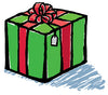 Drawing of a Holiday Gift showing a green box with a red ribbon and bow