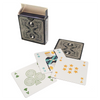 Contents image for Zark City Deck showing a little black tuck box, the deck, and 3 sample square playing cards