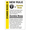 Promo card image for Zombie Boss with a yellow stripe, NEW RULE header, and text explaining whoever has the most Zombies is the Zombie Boss