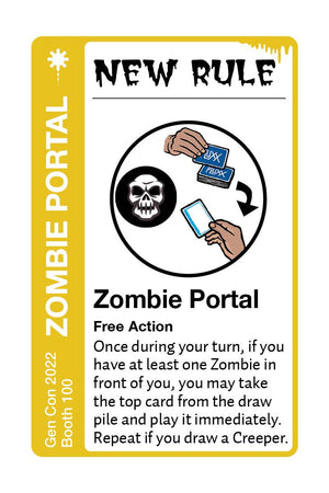 Promo card image for Zombie Portal with a yellow stripe, NEW RULE header, and text explaining you can flip the top card if you have a Zombie