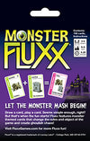 Flat back of box image for Monster Fluxx (hang tab) with the tagline: It's Frightfully Fun, and Zombies + The Tombstone = Zombie Uprising