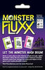 Flat back of box image for Monster Fluxx (hang tab) with the tagline: It's Frightfully Fun, and Zombies + The Tombstone = Zombie Uprising