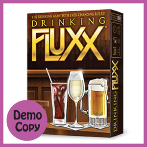 Image of game box for Drinking Fluxx with a pink circle that reads DEMO COPY