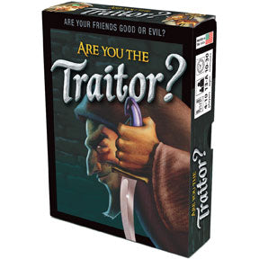 Image of the game box for Are You The Traitor featuring an evil looking traitor brandishing a knife