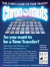 Flat back of box image for Chrononauts with an image of the timeline of cards and the tagline: So you want to be a Time Traveler?