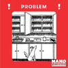 Social media image for Nanofictionary with a red Problem card image of a dog looking up at a kitchen without any food