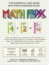 Flat back of box image for Math Fluxx with sample cards and the tagline: The Numerical Card Game with Ever Changing Rules