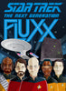 Flat front of box image for Star Trek: TNG Fluxx showing the Enterprise, the Borg ship, plus Picard, Geordi, Data, Worf, and Riker