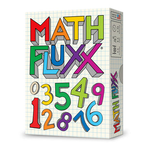 Image of the game box for Math Fluxx with graph paper background, colorful logo, and the numbers 0 through 9