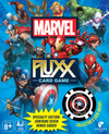 Flat front of box image for Marvel Fluxx Specialty Edition with blue background covered with various Marvel characters and yellow starburst