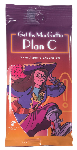 Image of the foil packaging for Plan C Expansion with an orange and purple background and an image of the Time Traveler