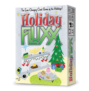 Image of the game box for Holiday Fluxx with illustrations of a Christmas Tree, Hanukkah candles, and various Holiday foods