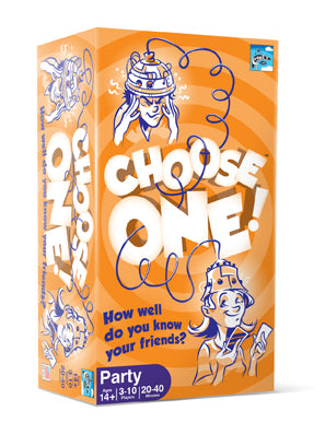 Image of the game box for Choose One with orange background ad ann illustration of boy and girl reading each others minds