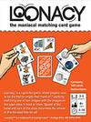 Flat back of box image for Loonacy showing a game in progress and tagline: The Maniacal Matching Card Game