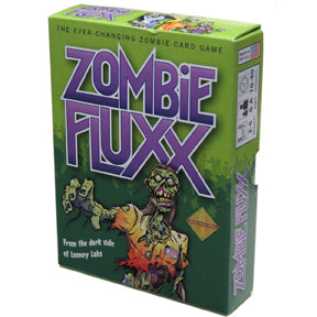 Image of the game box for Zombie Fluxx with a green background and an illustration of a Zombie with a My Name is Larry nametag