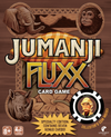 Flat front of box image for Jumanji Fluxx with a brown box including images of an elephant, monkey, and rhino