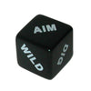 Photo of aTreehouse Die with white letters on black die showing: AIM, WILD, and DIG