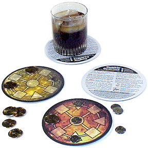 Contents image for Cosmic Coasters showing 4 coasters; 1 with a drink on it, 2 with pennies in play, 1 showing instructions on back of coaster