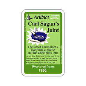 Promo card image for Carl Sagan's Joint showing a green card with an illustration of a NASA ashtray with joints in it