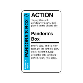 Promo card image for Pandora's Box with a blue stripe, ACTION header, and a description of how the card works