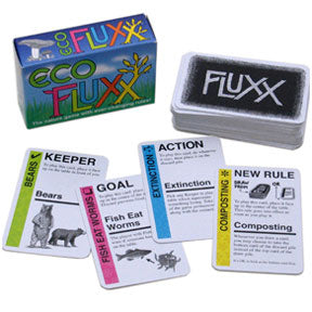 Contents image for First Edition Eco Fluxx showing 4 cards including Bears, Extinction, Composting, and Fish Eat Worms