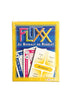 Image of game box for Dutch Fluxx 3.0 with a yellow border, colorful logo, and 3 sample cards