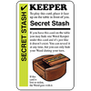Promo card image for Secret Stash with a green stripe, KEEPER header, and an illustration of a wooden stash box
